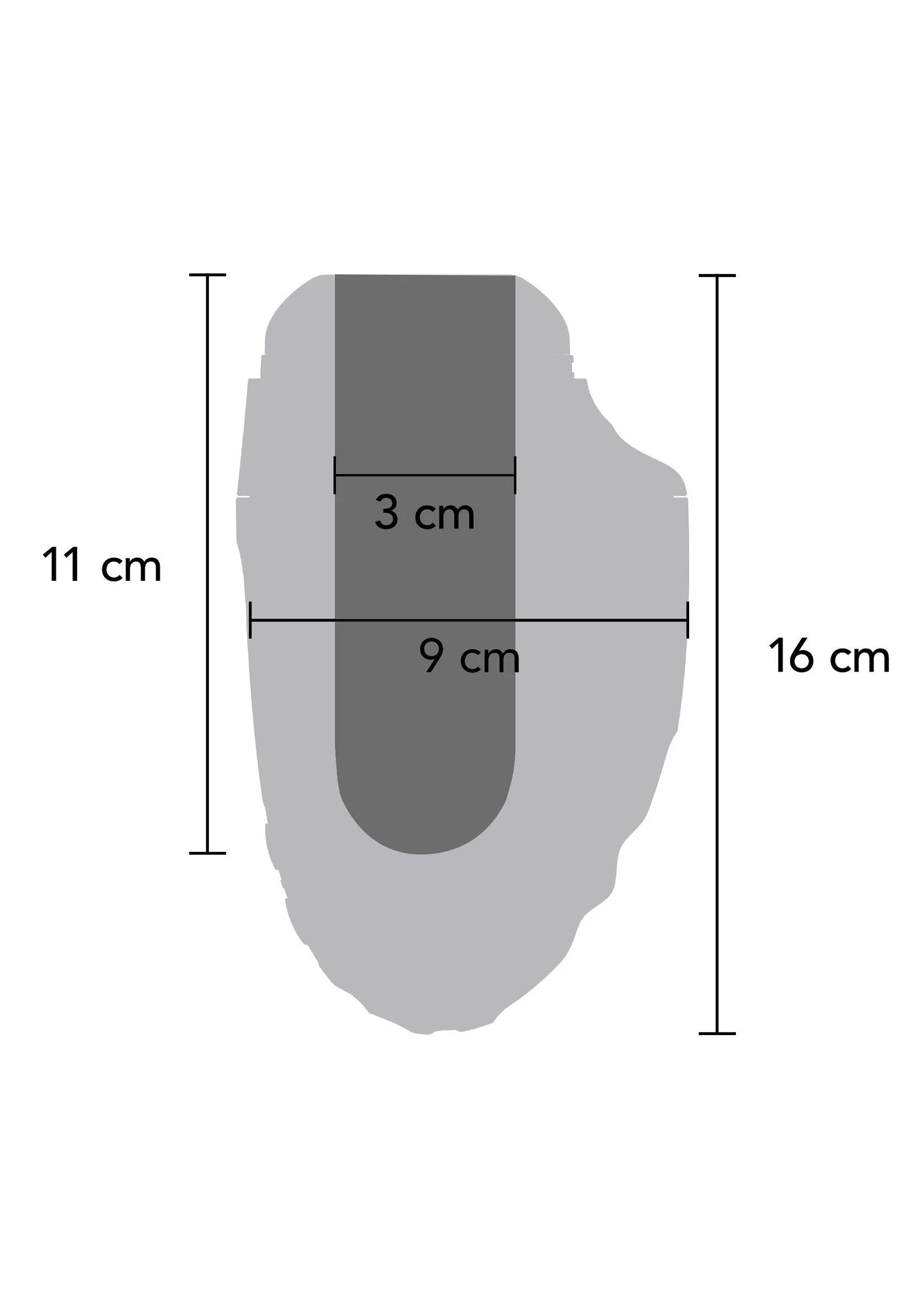 Afmetingendiagram van grijze masturbator: 11 cm hoog, 16 cm lang, 9 cm breed
