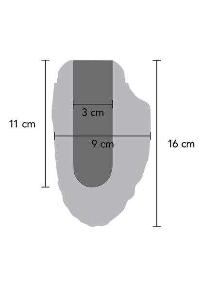 Afmetingendiagram van grijze masturbator: 11 cm hoog, 16 cm lang, 9 cm breed