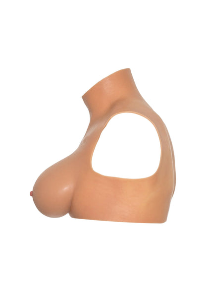 Beige crop top met opgestikte borsten, hoge hals en armsgatuitsparing