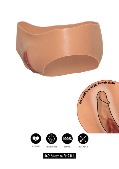Huidskleurige openkruis slip met lage taille, zijaanzicht met materiaalicons