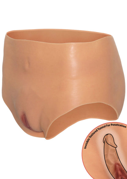 Lichtbruine hoge taille slip met open kruis aan de voorkant; frontaanzicht.