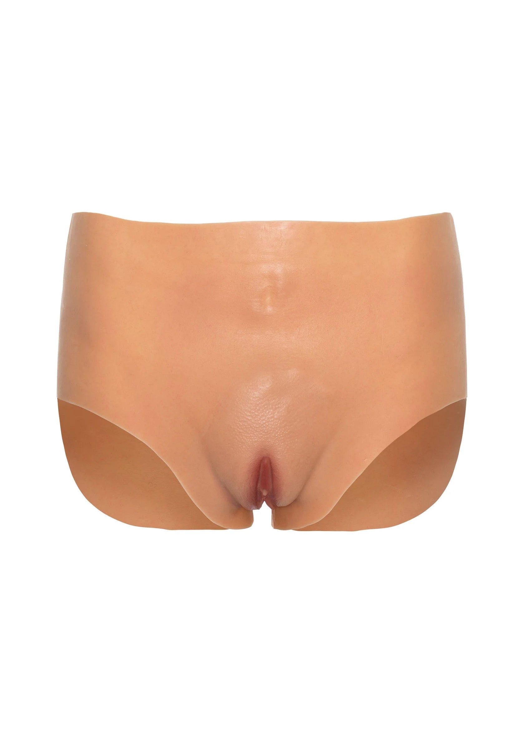 Hoge taille open vagina-slip, nude kleur, zicht op open voorkant