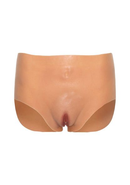 Hoge taille open vagina-slip, nude kleur, zicht op open voorkant