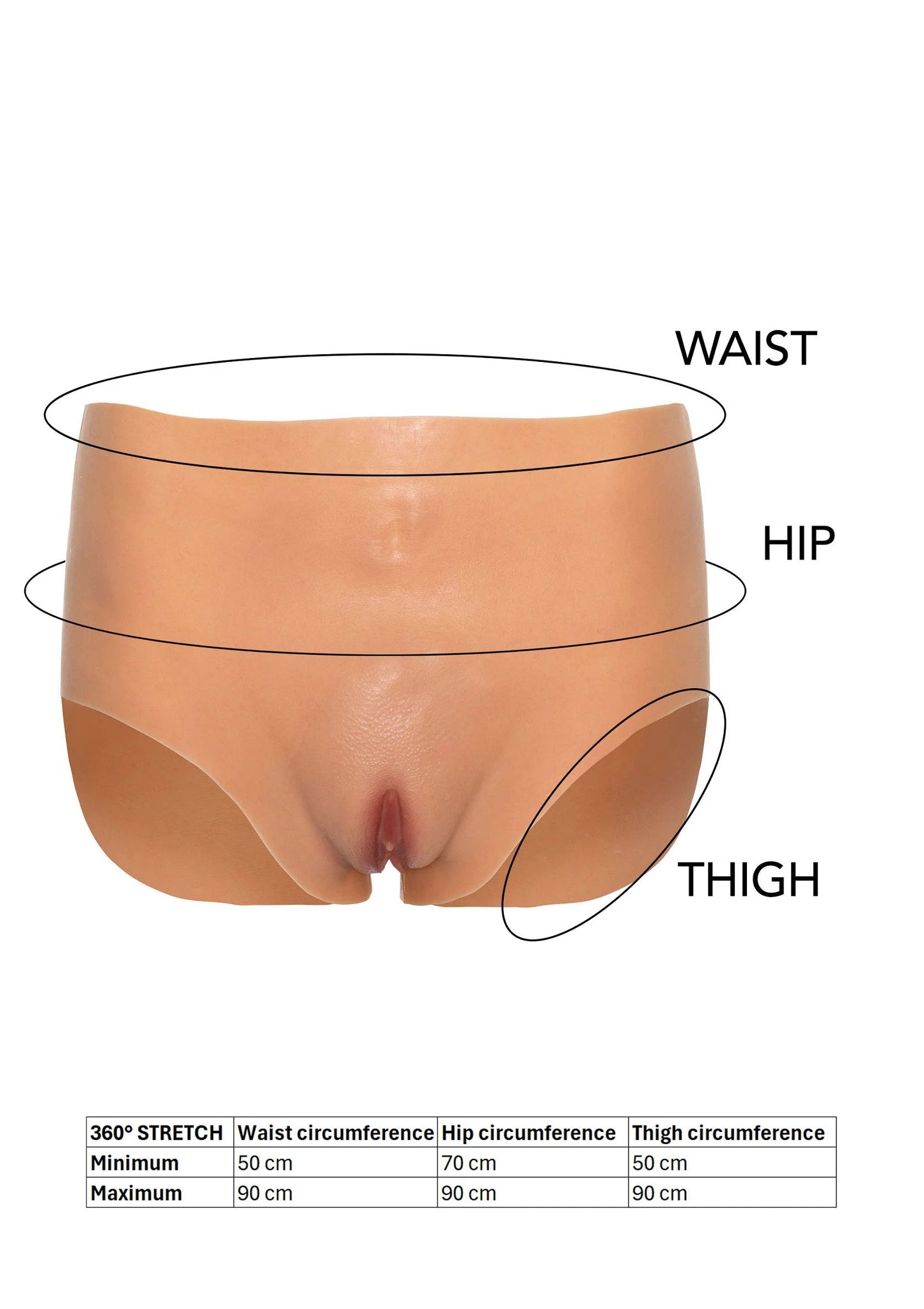Maattabel met taille-, heup- en dijomtrek voor hoge taille slip, in cm.