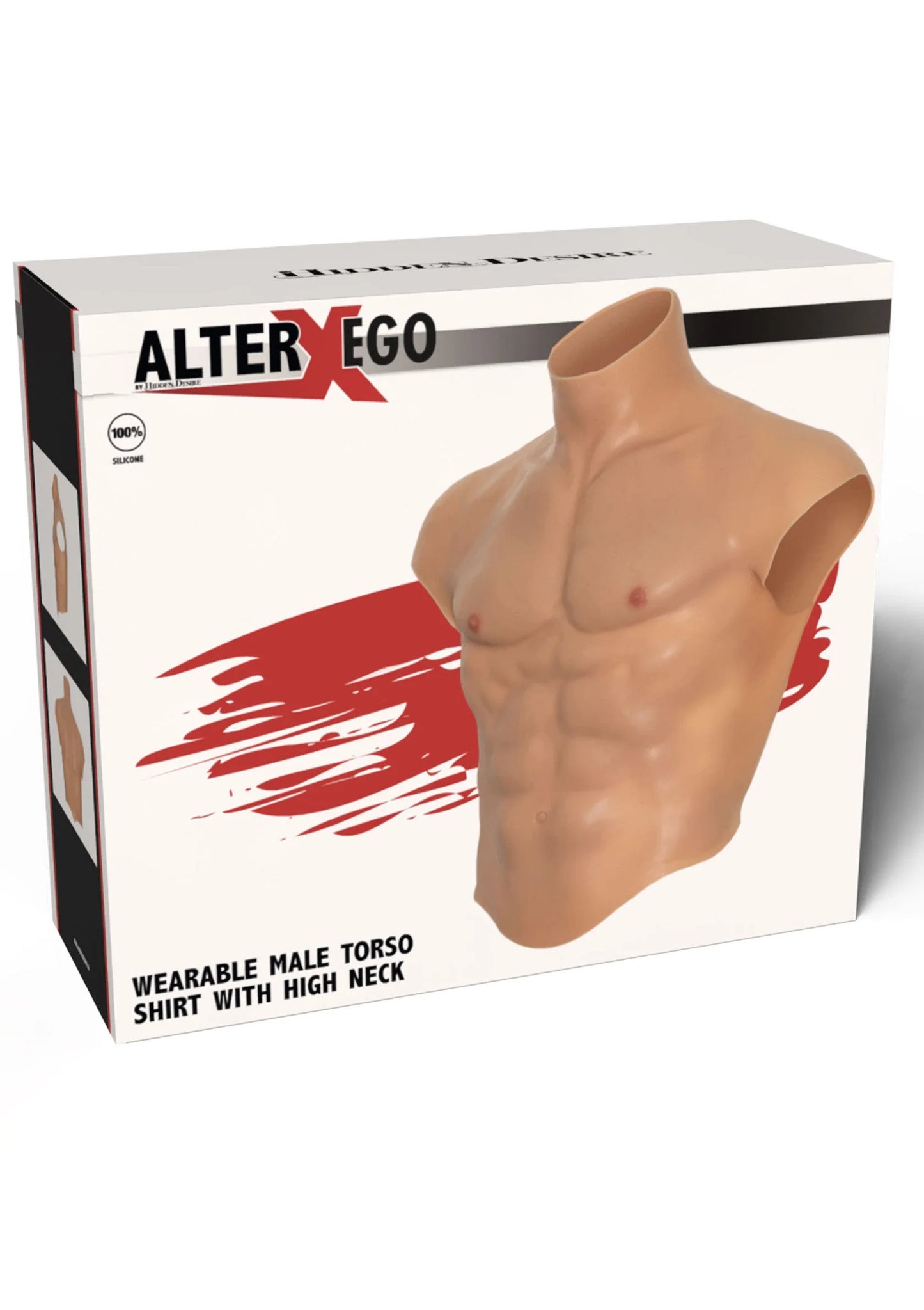 Siliconen torso met hoge hals en gespierde borst; productverpakking zichtbaar.