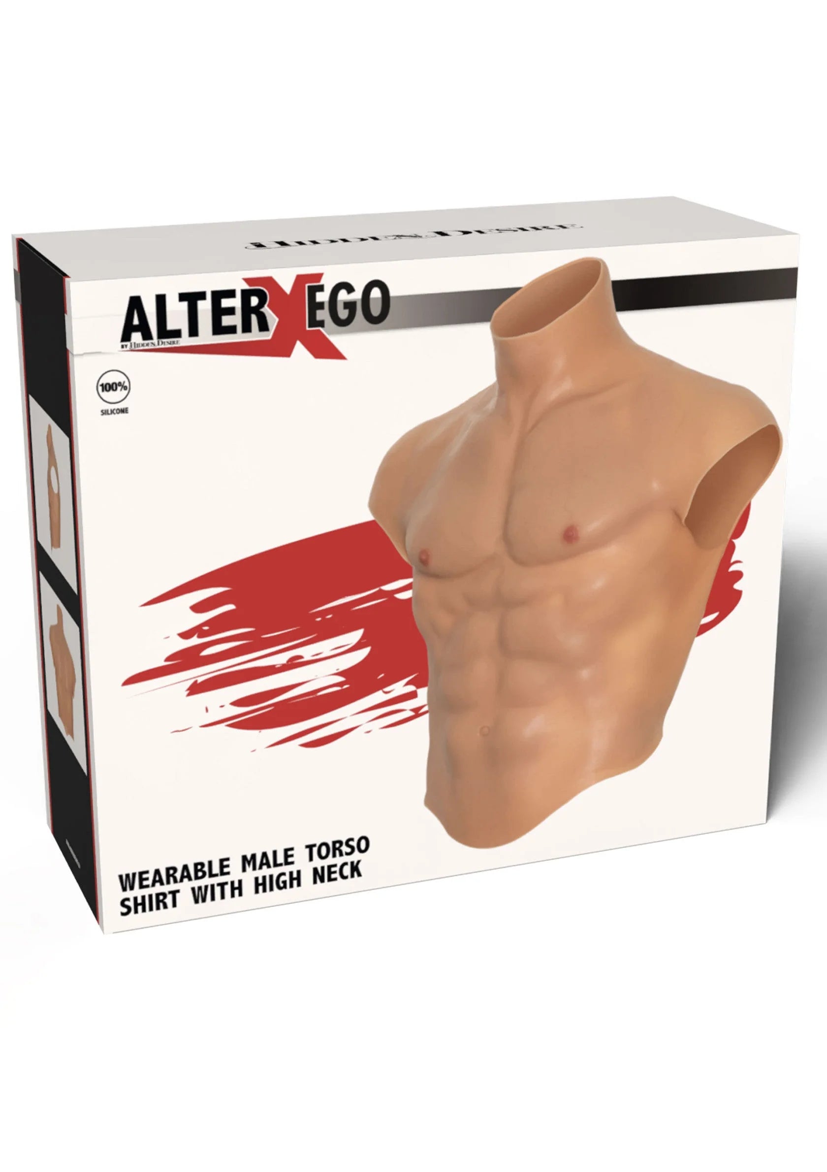 Siliconen torso met hoge hals en gespierde borst; productverpakking zichtbaar.