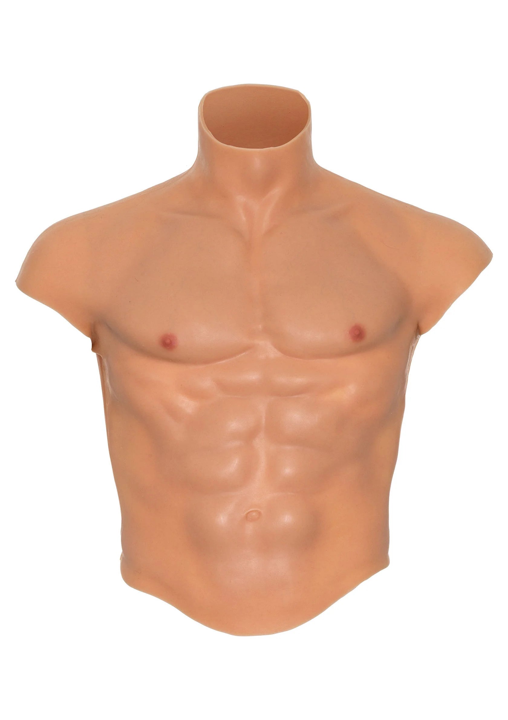 Siliconen torso met hoge hals, voorzijde met borstkas en buikdetail in huidskleur.