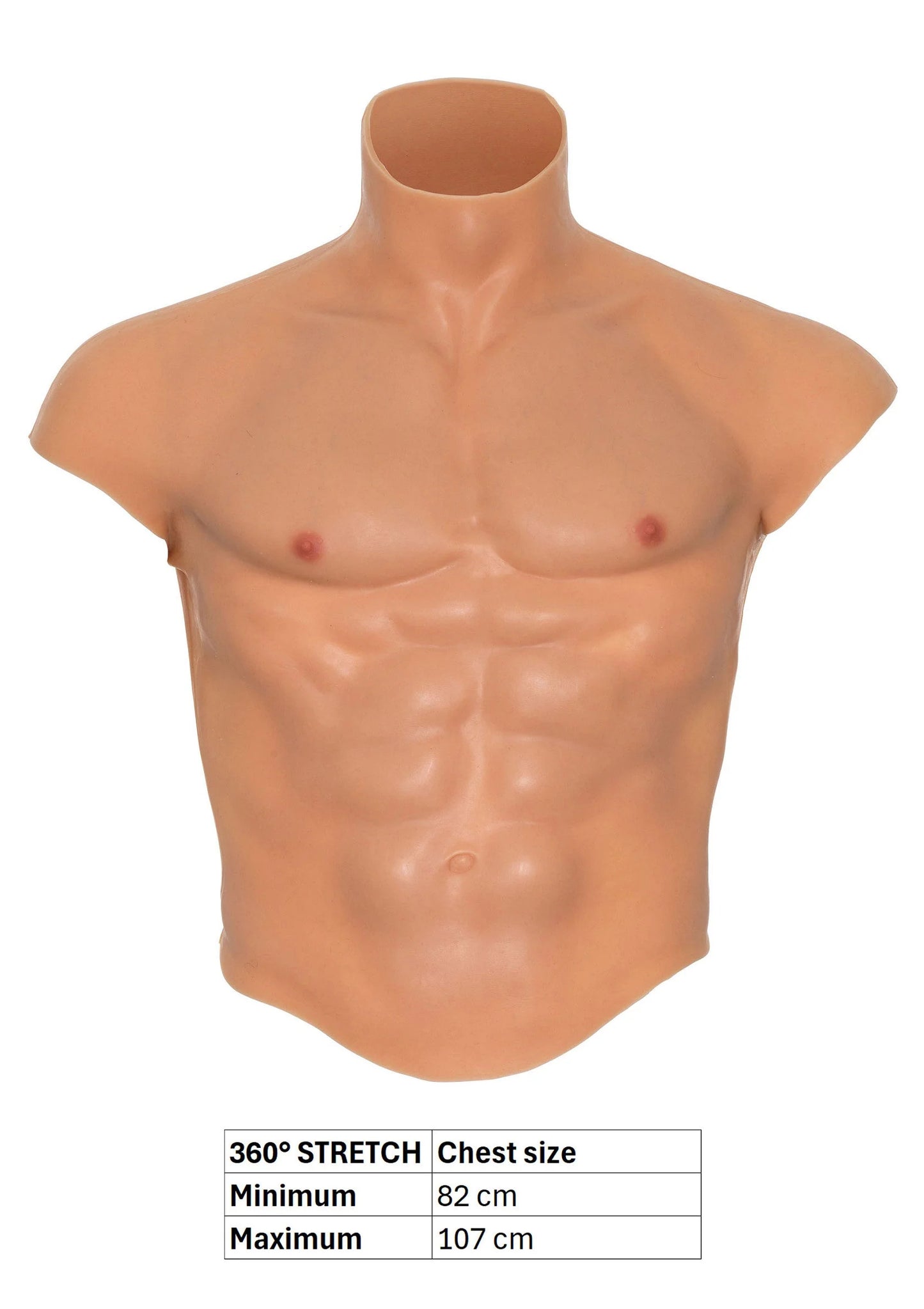 Siliconen torso met hoge hals, borst en buikdetail; met maatindicatie.