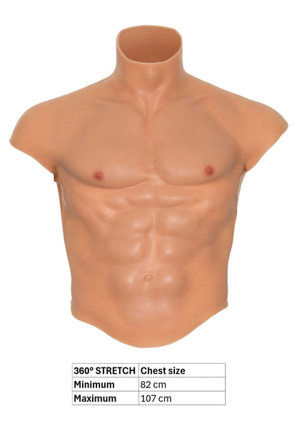 Siliconen torso met hoge hals, borst en buikdetail; met maatindicatie.