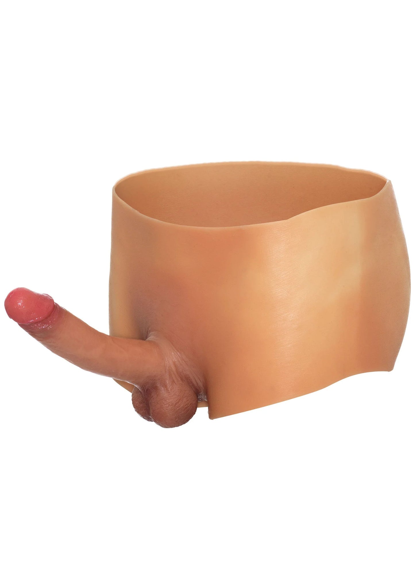 Hidden Desire boxershort met ingebouwde dildo, huidskleur; hand wijst naar voorzijde