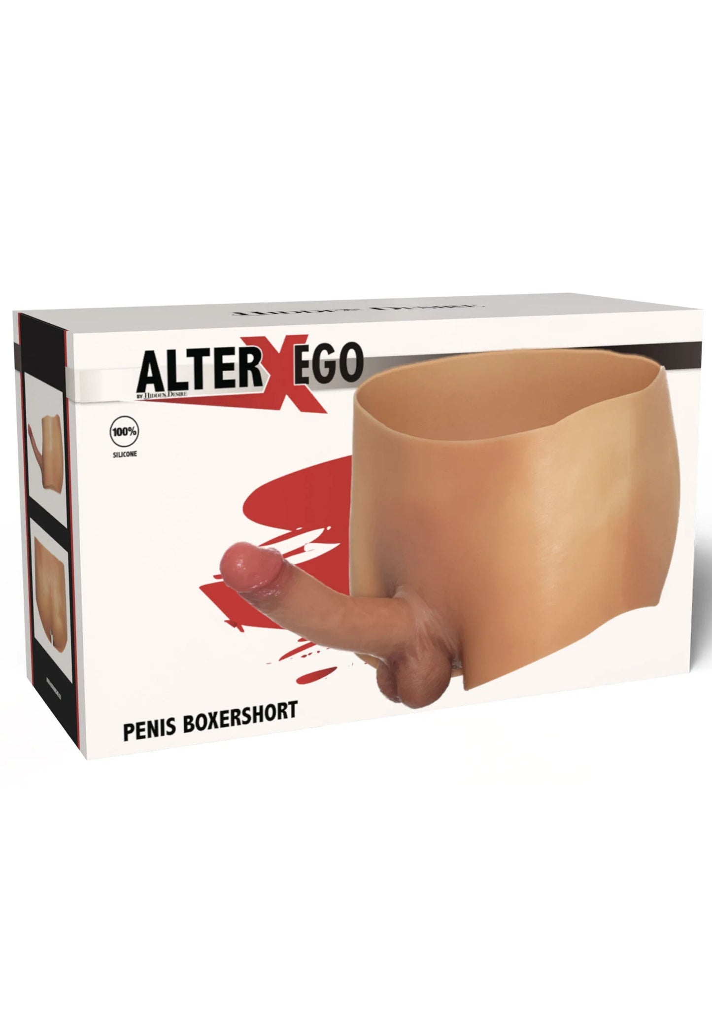 Verpakte Hidden Desire boxershort met ingebouwde dildo, huidskleur op productdoos