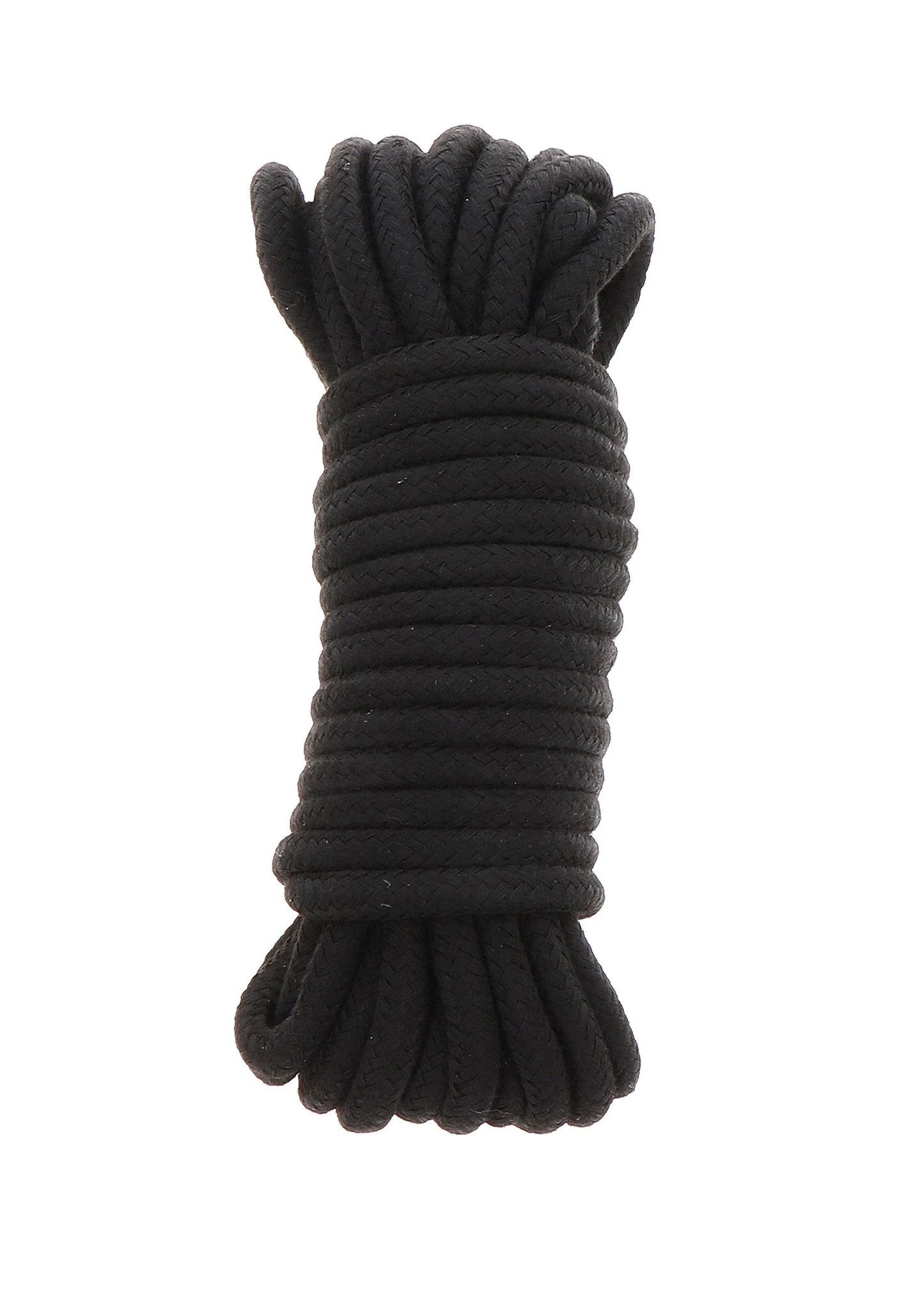 Bondagekoord van Hidden Desire, zwart opgerold met geknoopte uiteinden
