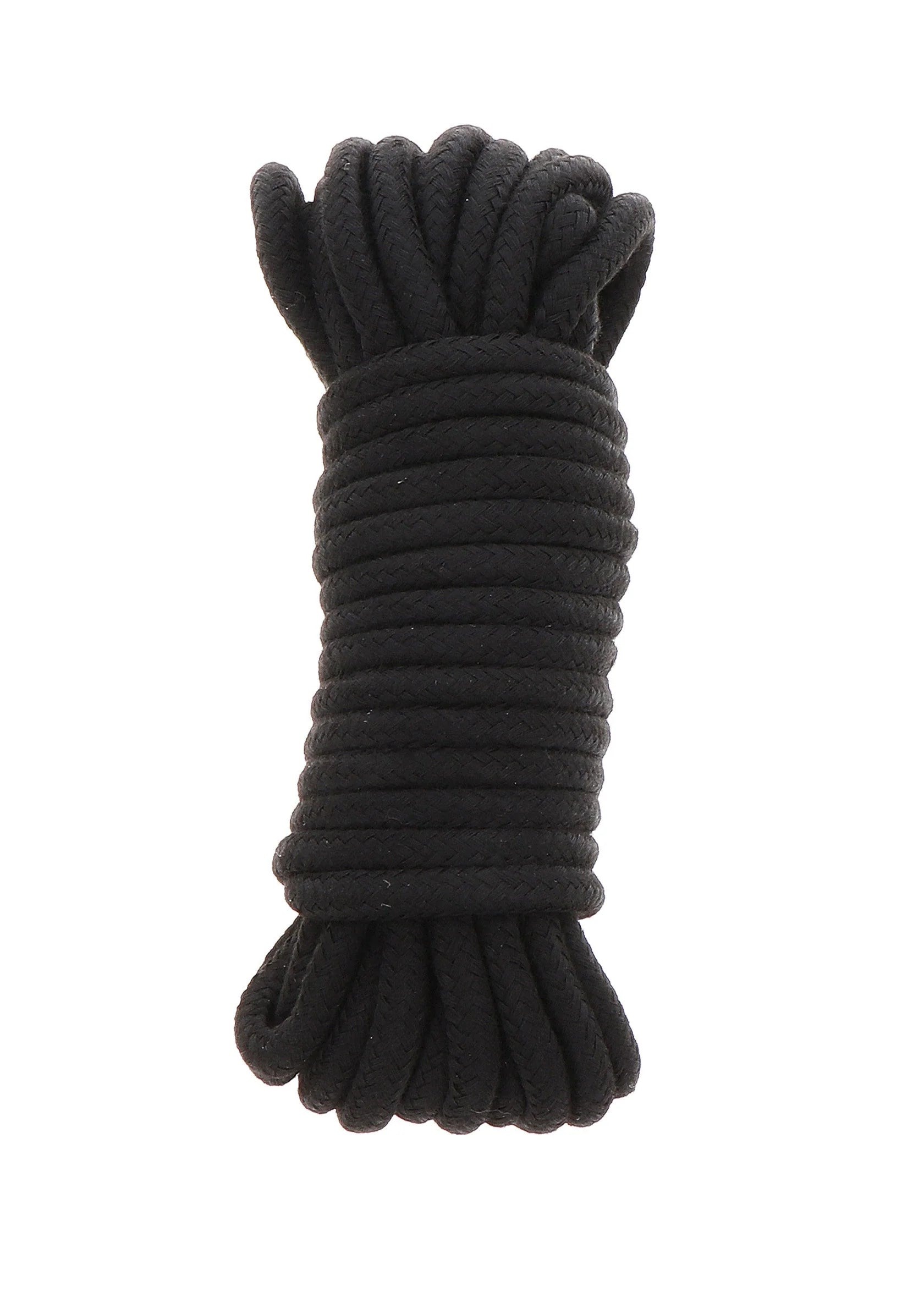 Bondagekoord van Hidden Desire, zwart opgerold met geknoopte uiteinden