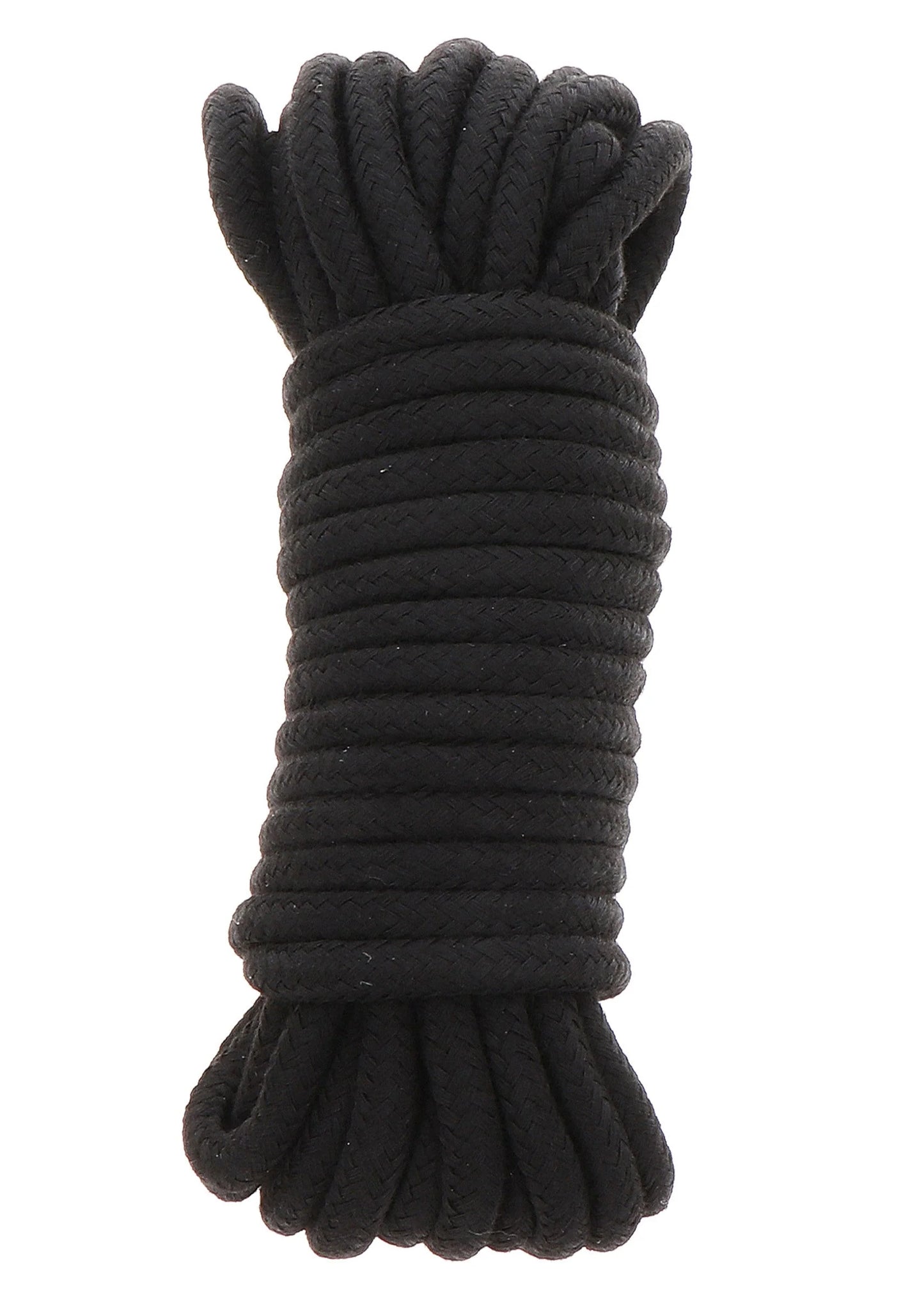 Zwarte bondage-koordbundel met opgerolde strengen en geknoopte uiteinden.