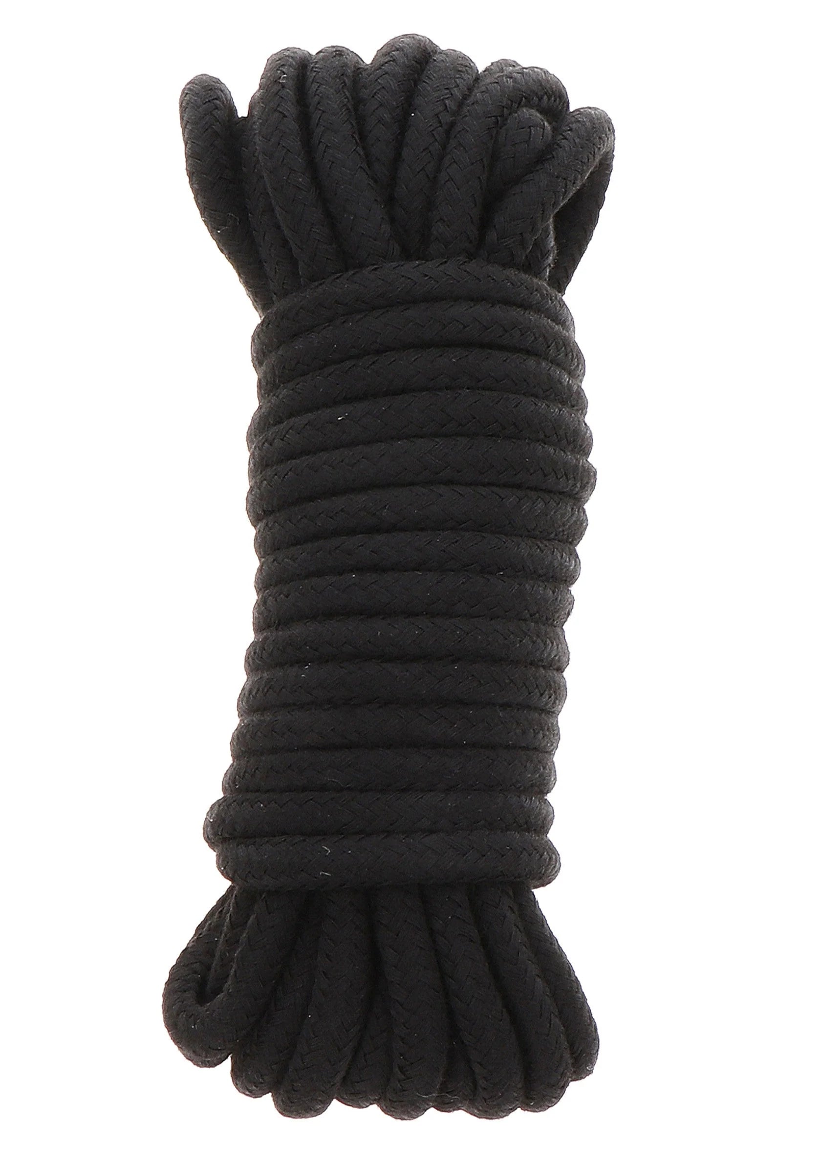 Zwarte bondage-koordbundel met opgerolde strengen en geknoopte uiteinden.