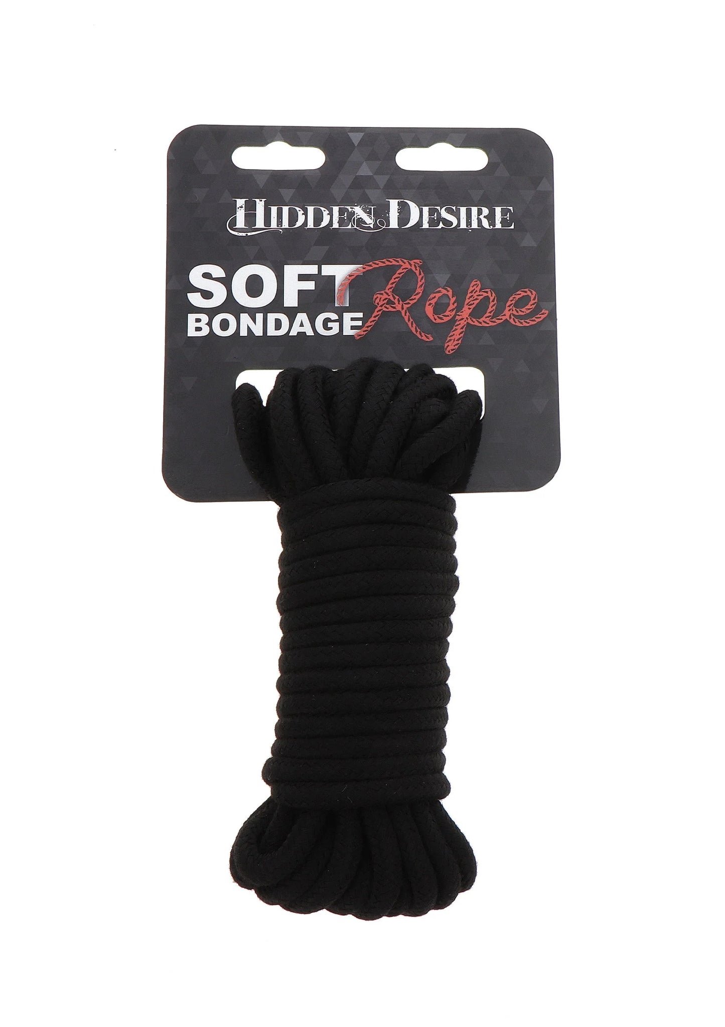 Hidden Desire soft bondage zwarte koordset in verpakking met opgehangen lus.