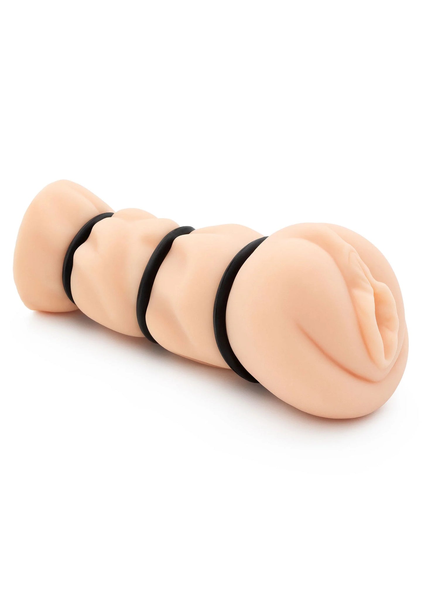 Roze masturbator met zwarte banden en ronde voorkant, zijaanzicht