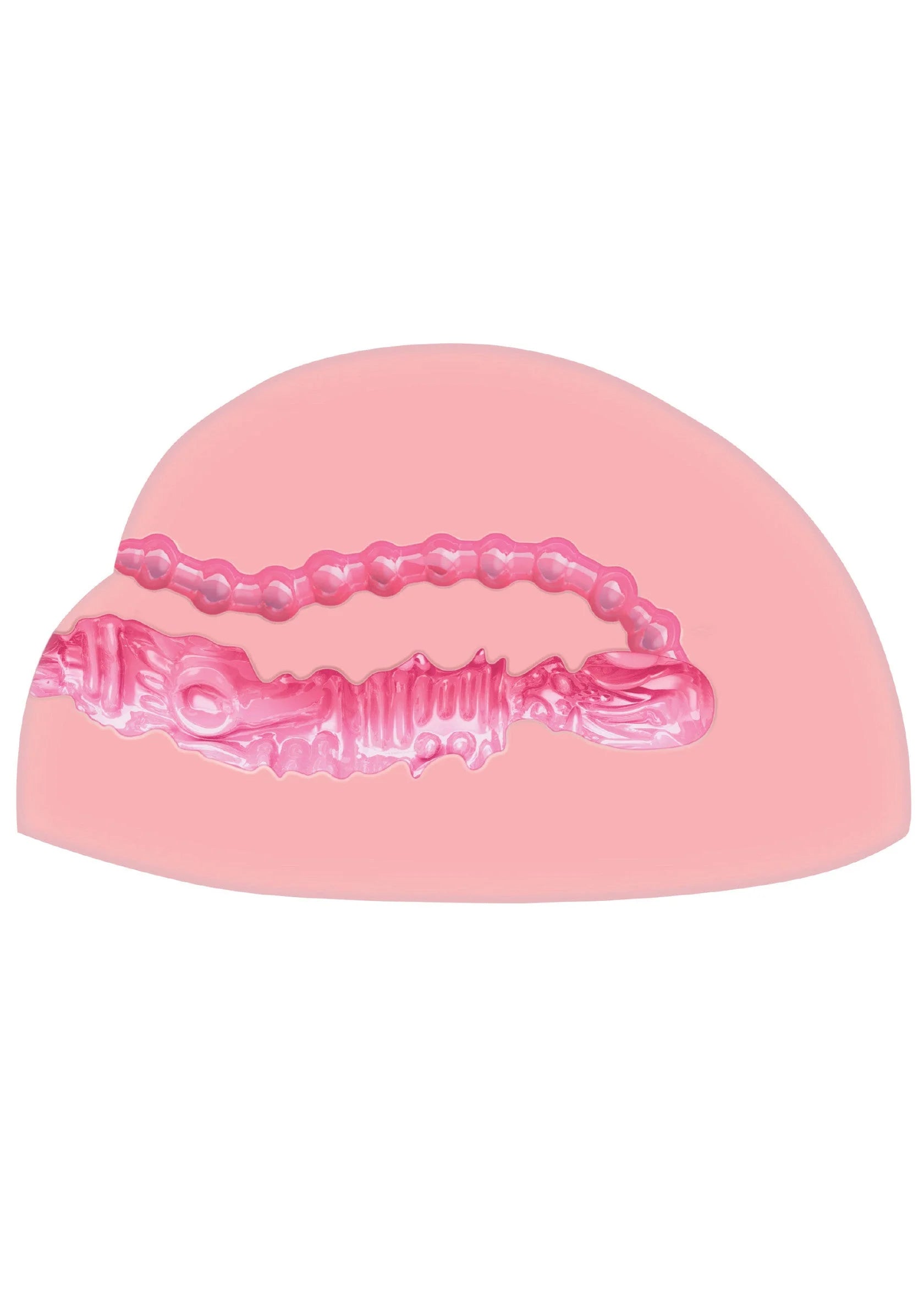 Vibrerende masturbator, roze transparante inzet met reliëf, close-up