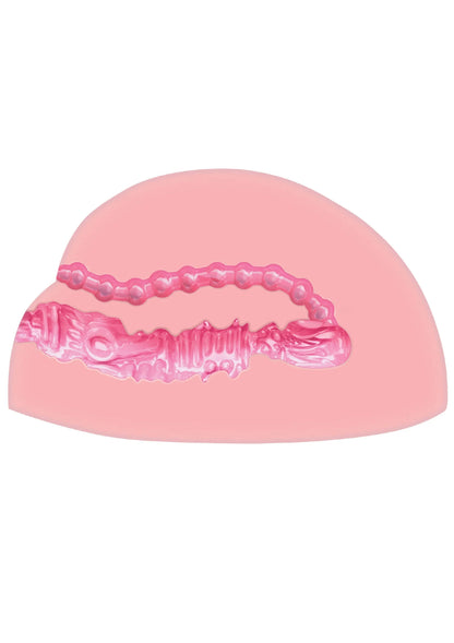 Vibrerende masturbator, roze transparante inzet met reliëf, close-up