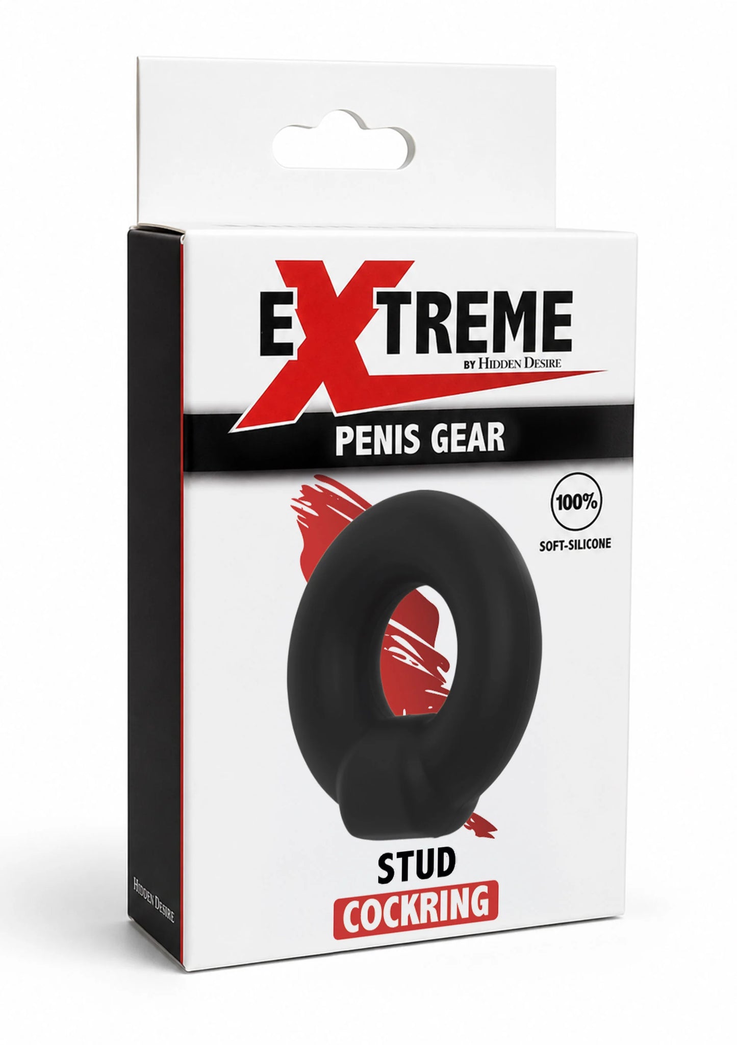 Zwarte siliconen stud C-ring op E Xtreme by Hidden Desire verpakking