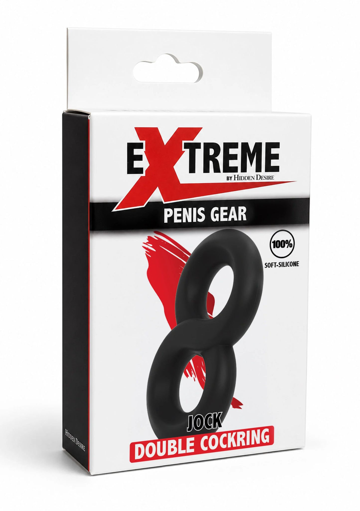 Verpakking van Hidden Desire Xtreme dubbele C-ring; zwarte siliconen ringen