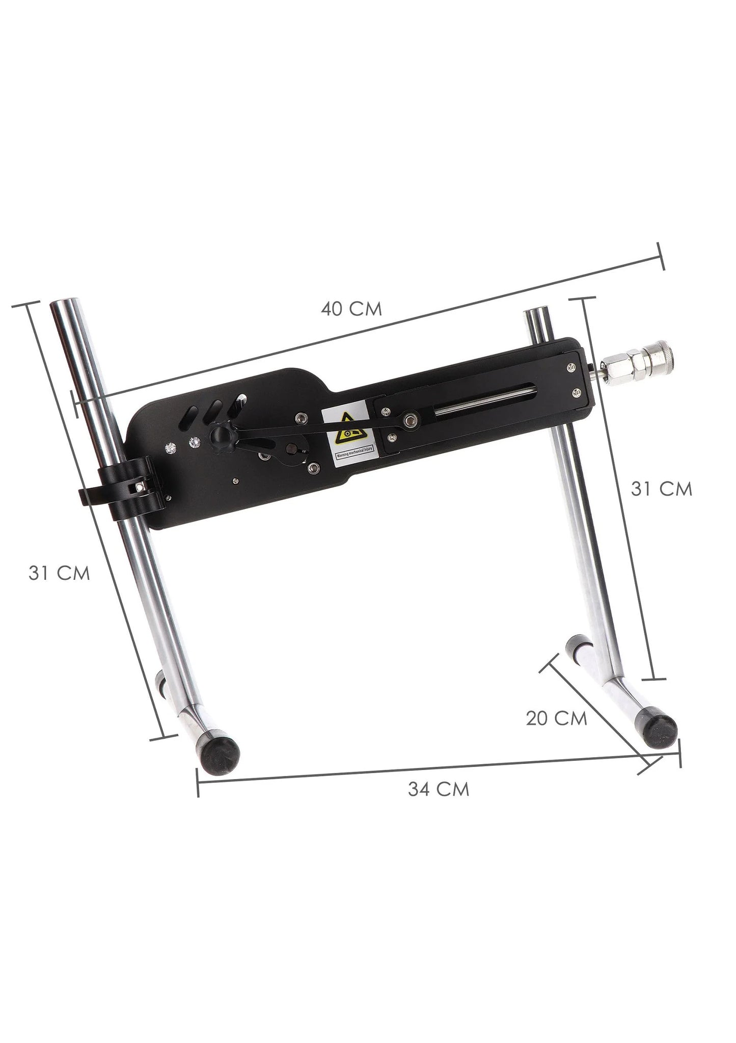 Zwarte seksmachine met afmetingen 40 cm lengte en 34 cm breedte