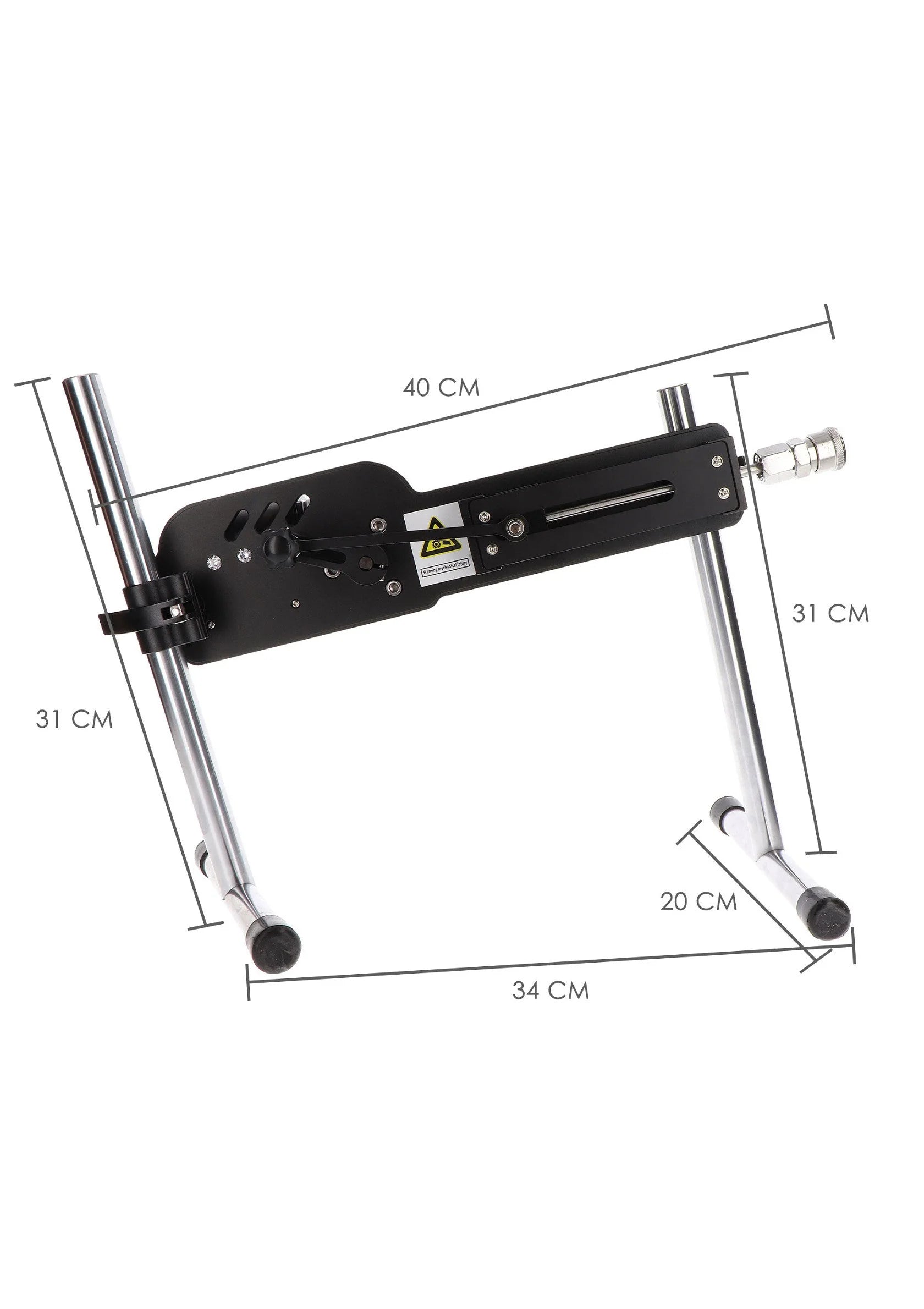Zwarte seksmachine met afmetingen 40 cm lengte en 34 cm breedte
