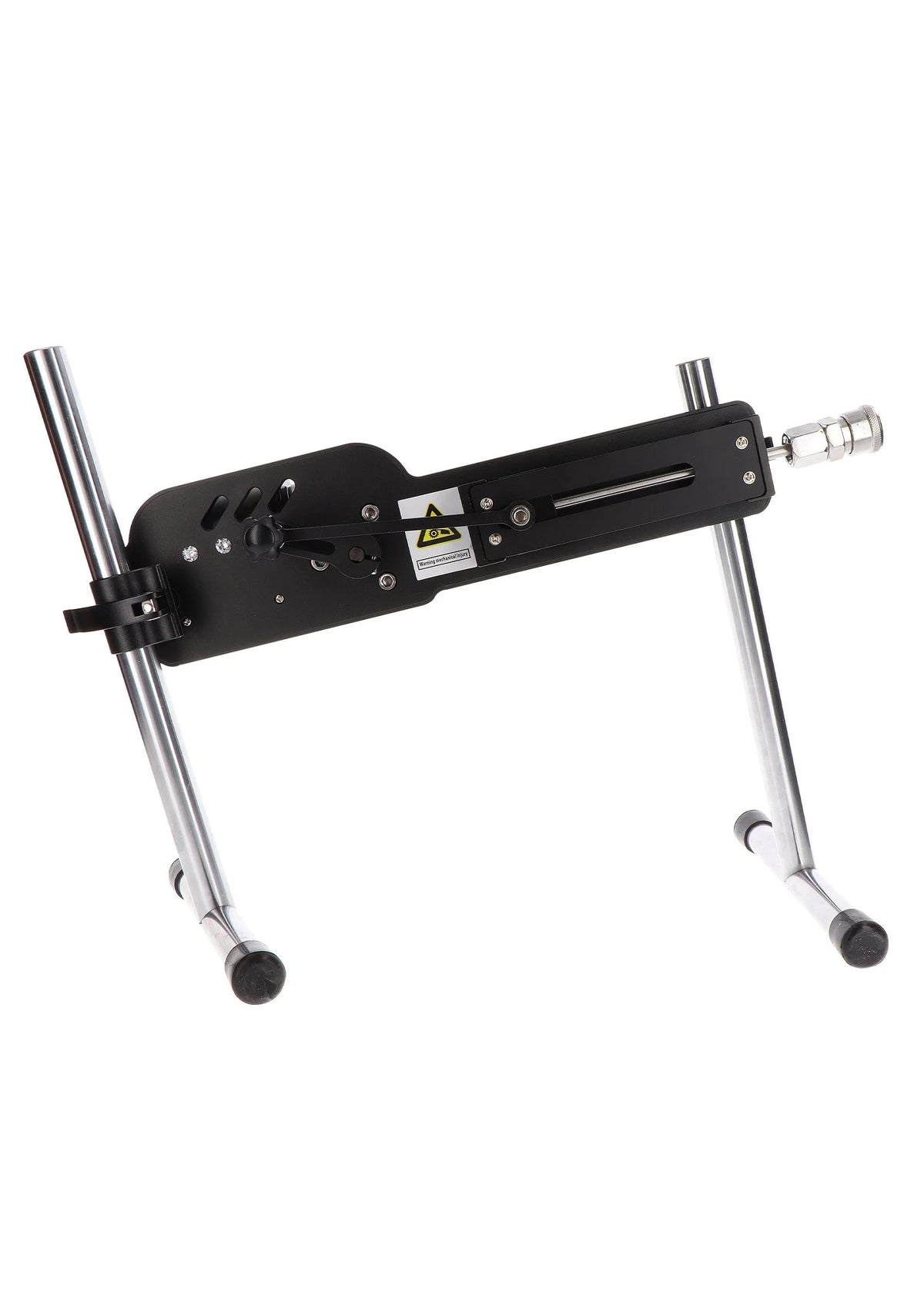 Zwarte seksmachine met montageplaat, metalen frame en koppeling