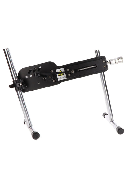 Zwarte seksmachine met montageplaat, metalen frame en koppeling