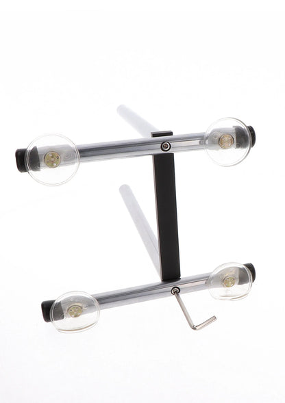 Seks-machine met zwart frame, metalen stangen en zuignappen