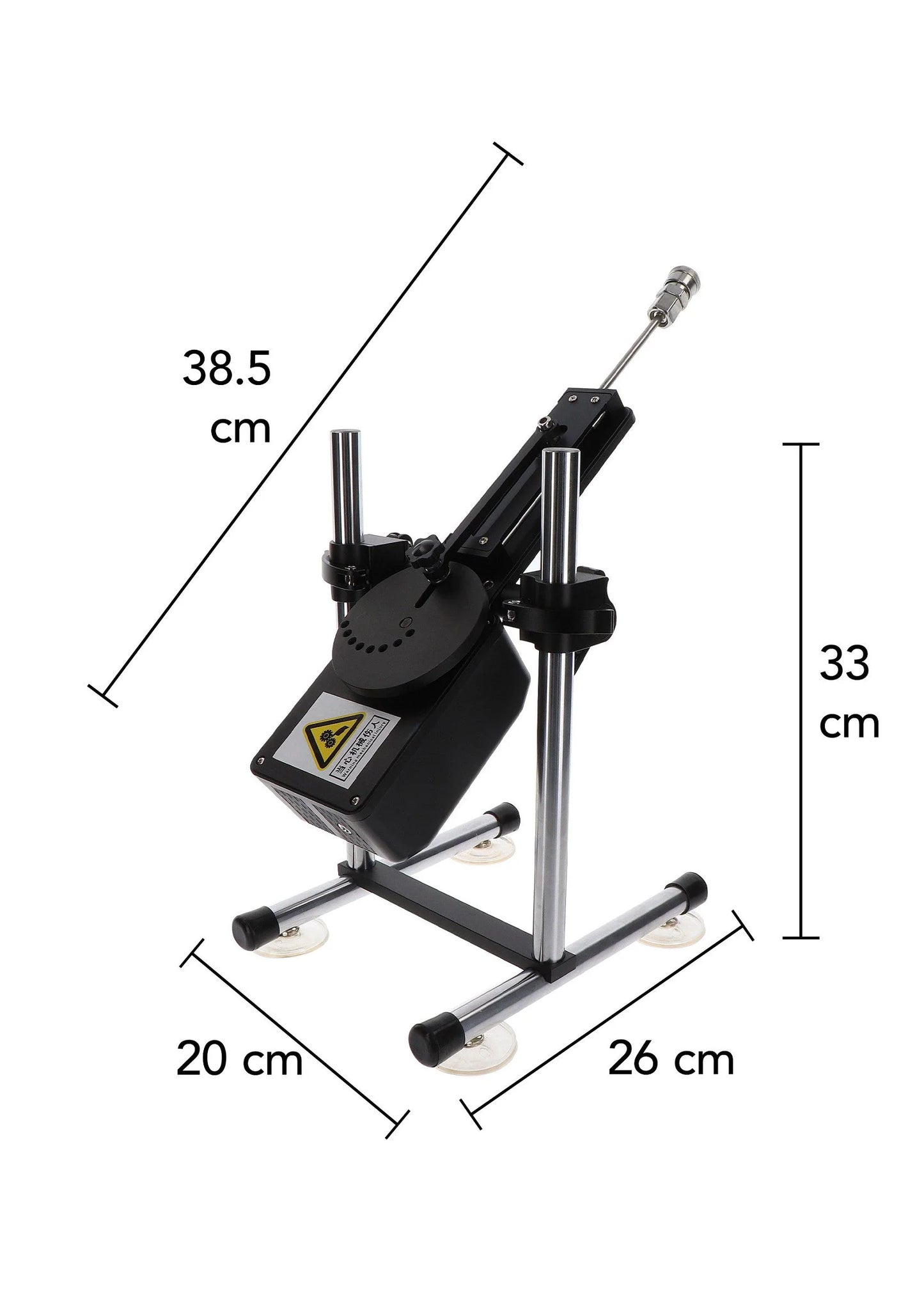Hidden Desire-seksmachine met afmetingen op de behuizing en zuignapbasis