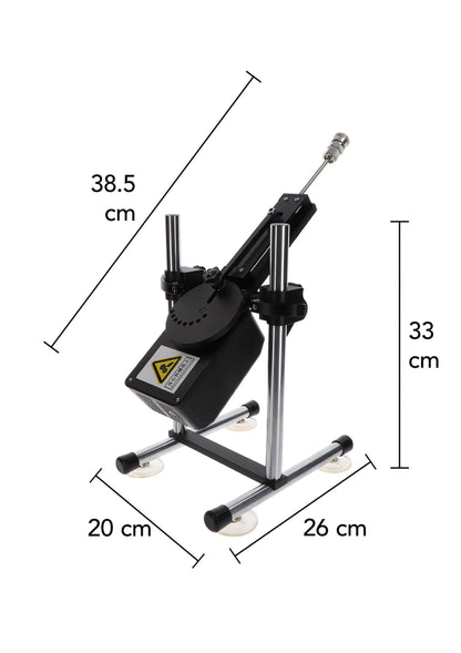 Hidden Desire-seksmachine met afmetingen op de behuizing en zuignapbasis