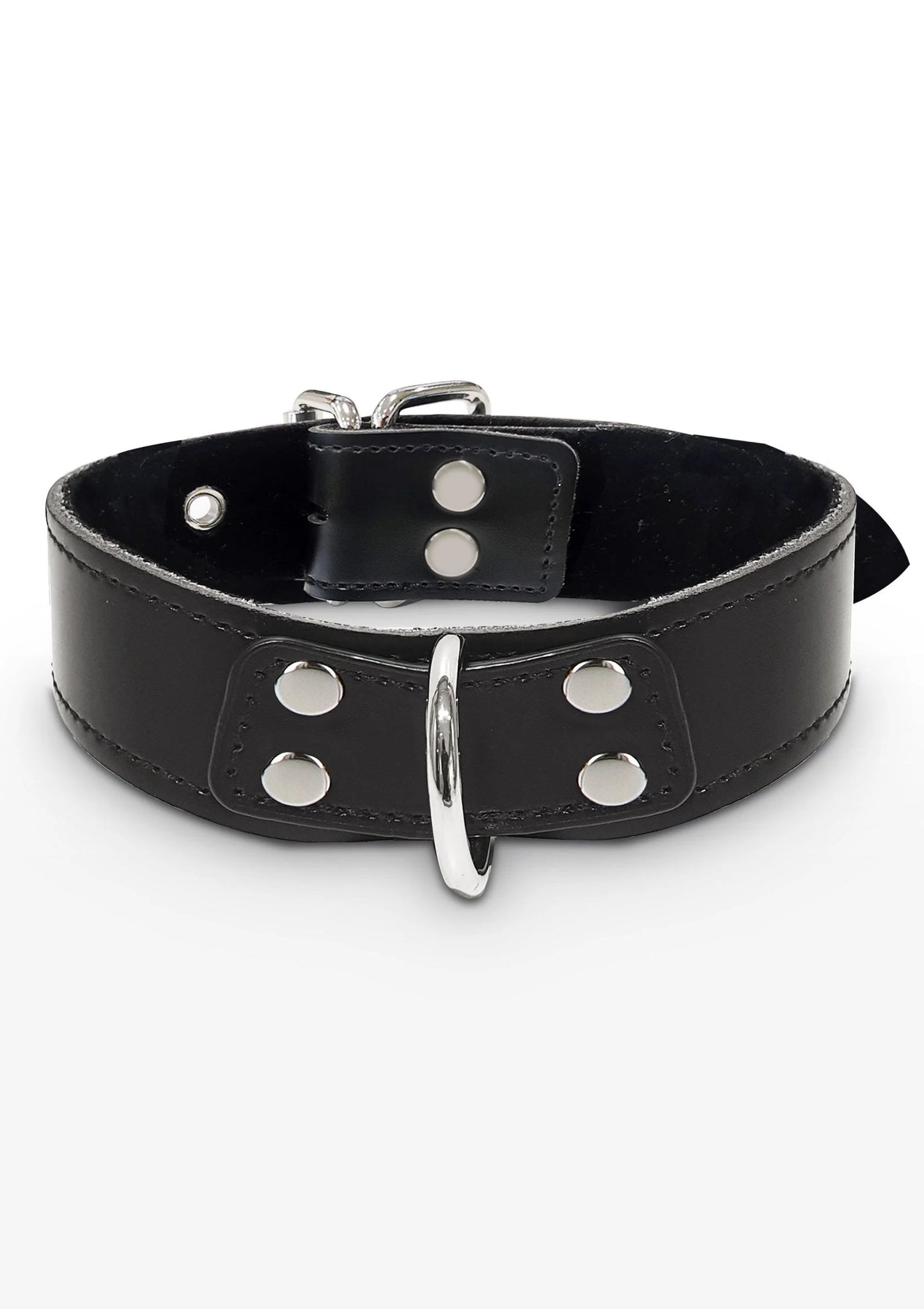 zwarte D-ring halsband met twee riemgespen en ronde metalen ooglets