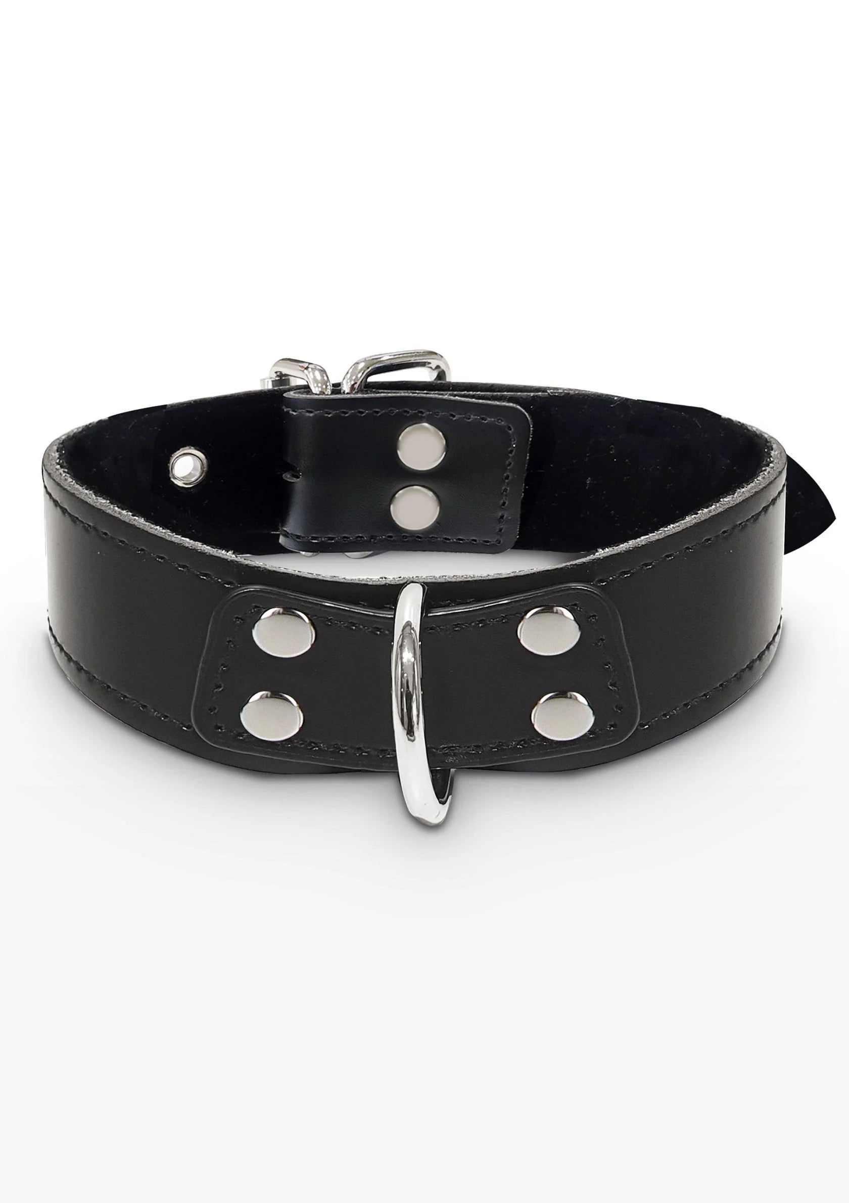 zwarte D-ring halsband met twee riemgespen en ronde metalen ooglets