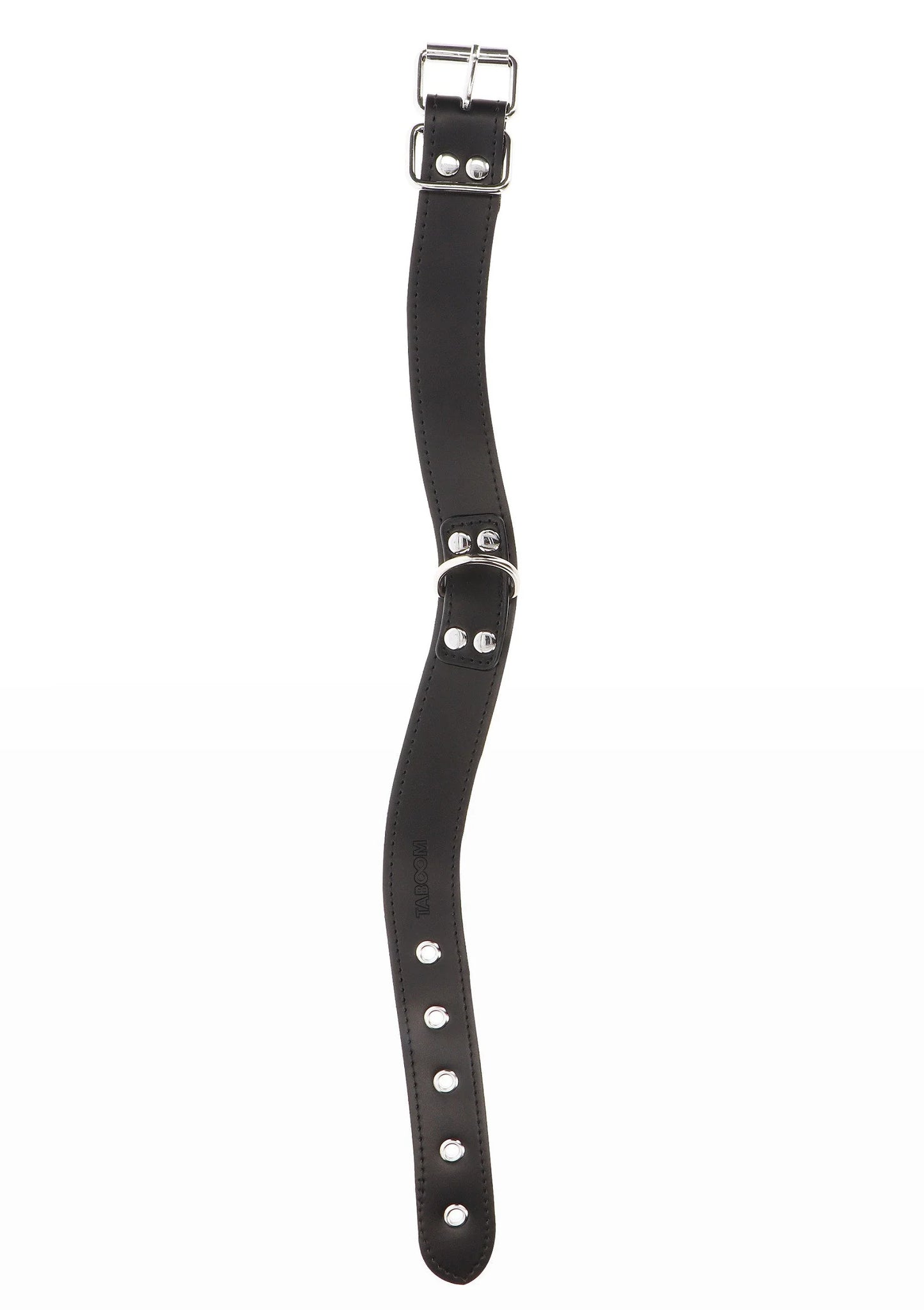 Zwarte halsband met gespsluiting, metalen oogjes en lange verstelband
