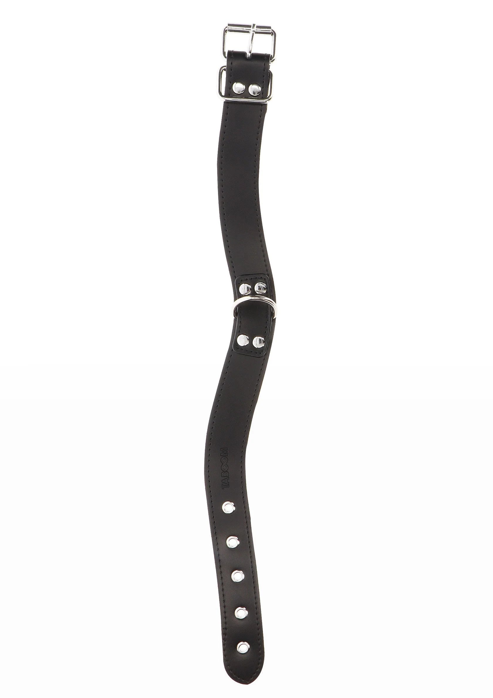 Zwarte halsband met gespsluiting, metalen oogjes en lange verstelband