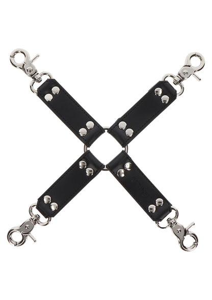 Zwarte X-vormige hogtie-riemenset met vier banden en metalen sluitingen