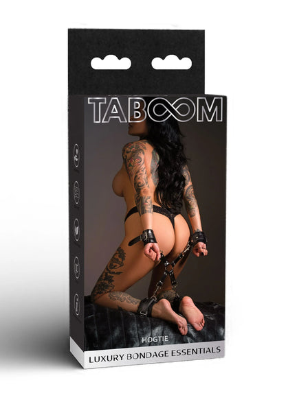 Hogtie-set verpakking met TABOOM en tekst 'LUXURY BONDAGE ESSENTIALS'