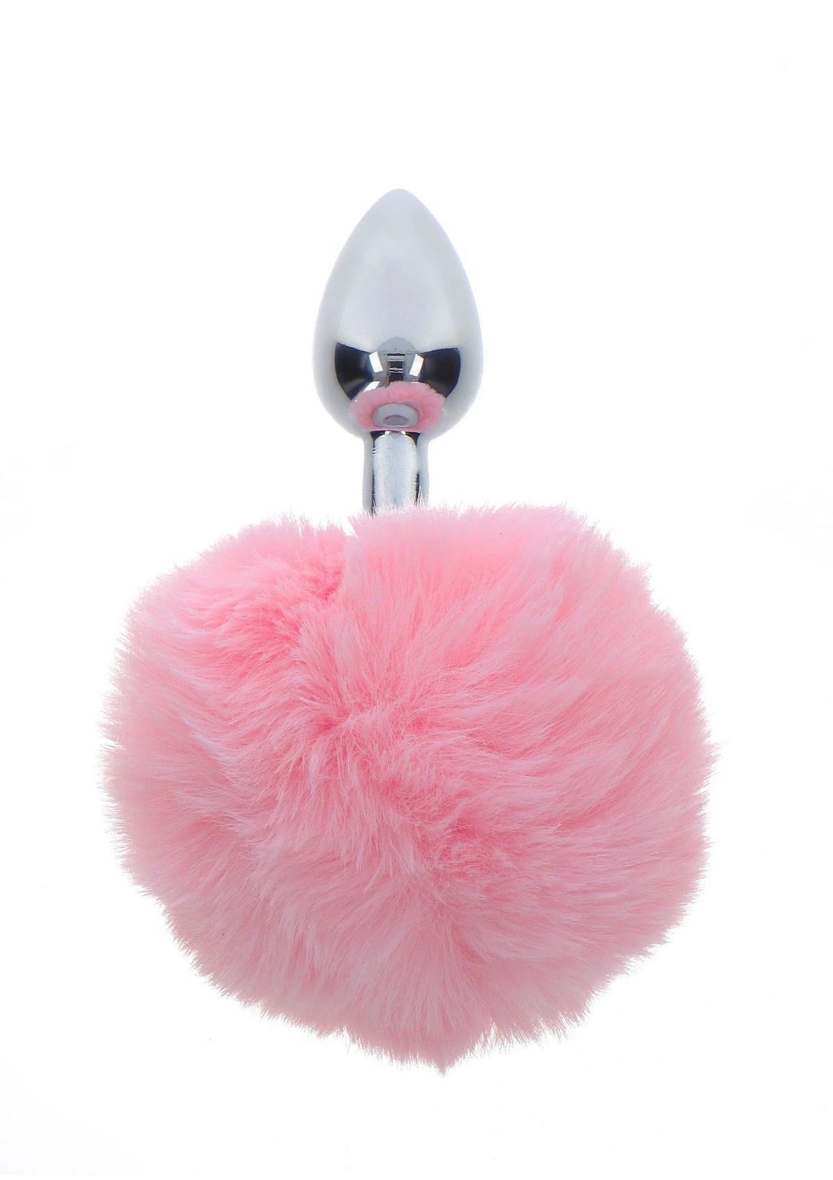 Roze pluizige buttplug met zilveren metalen plug, recht van voren gefotografeerd.