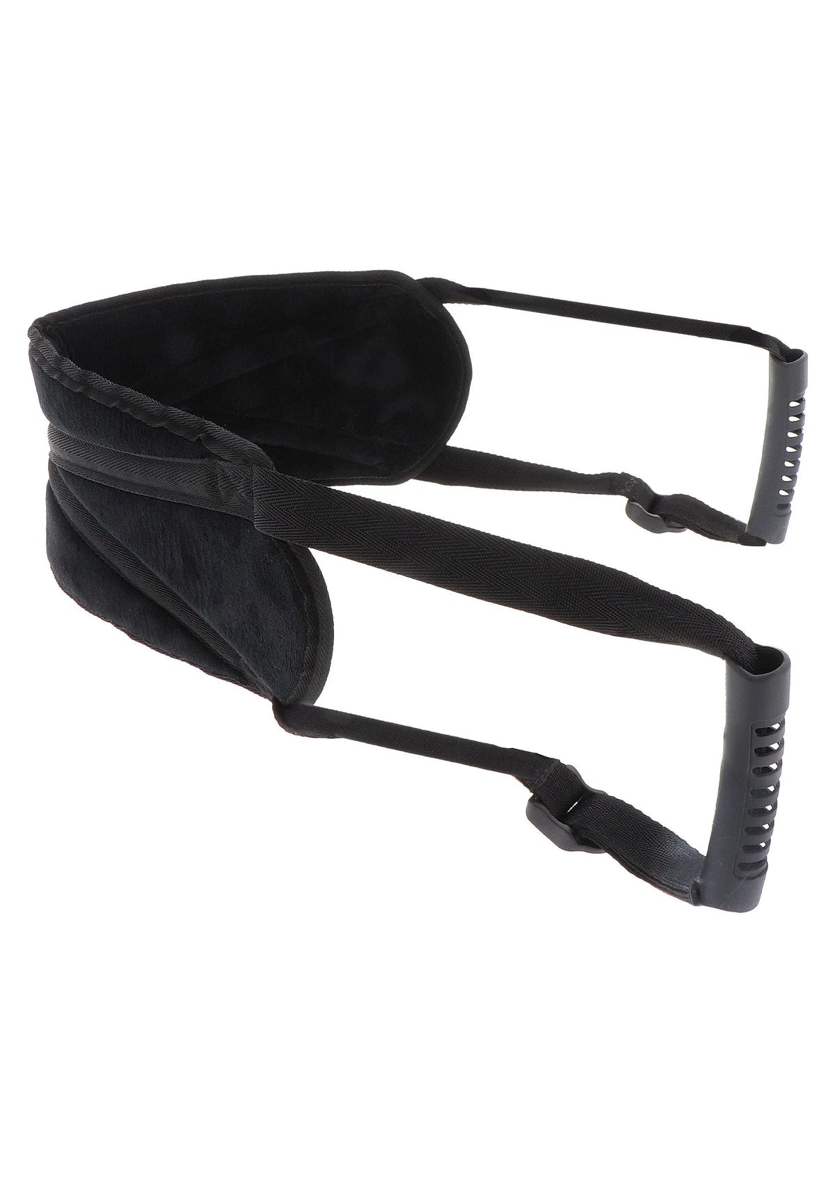 Zwarte bondage strap met brede voering, drie bandjes en metalen oogjes