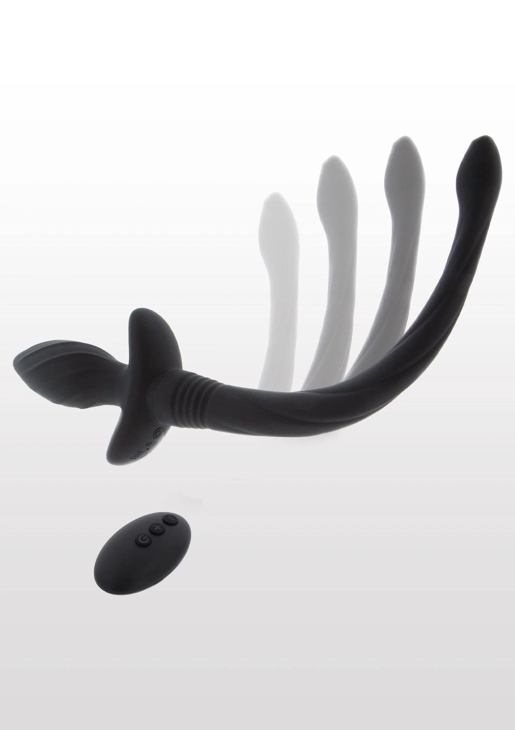 Zwarte wiggle tail met staartvorm en platte plugbasis, losse afstandsbediening