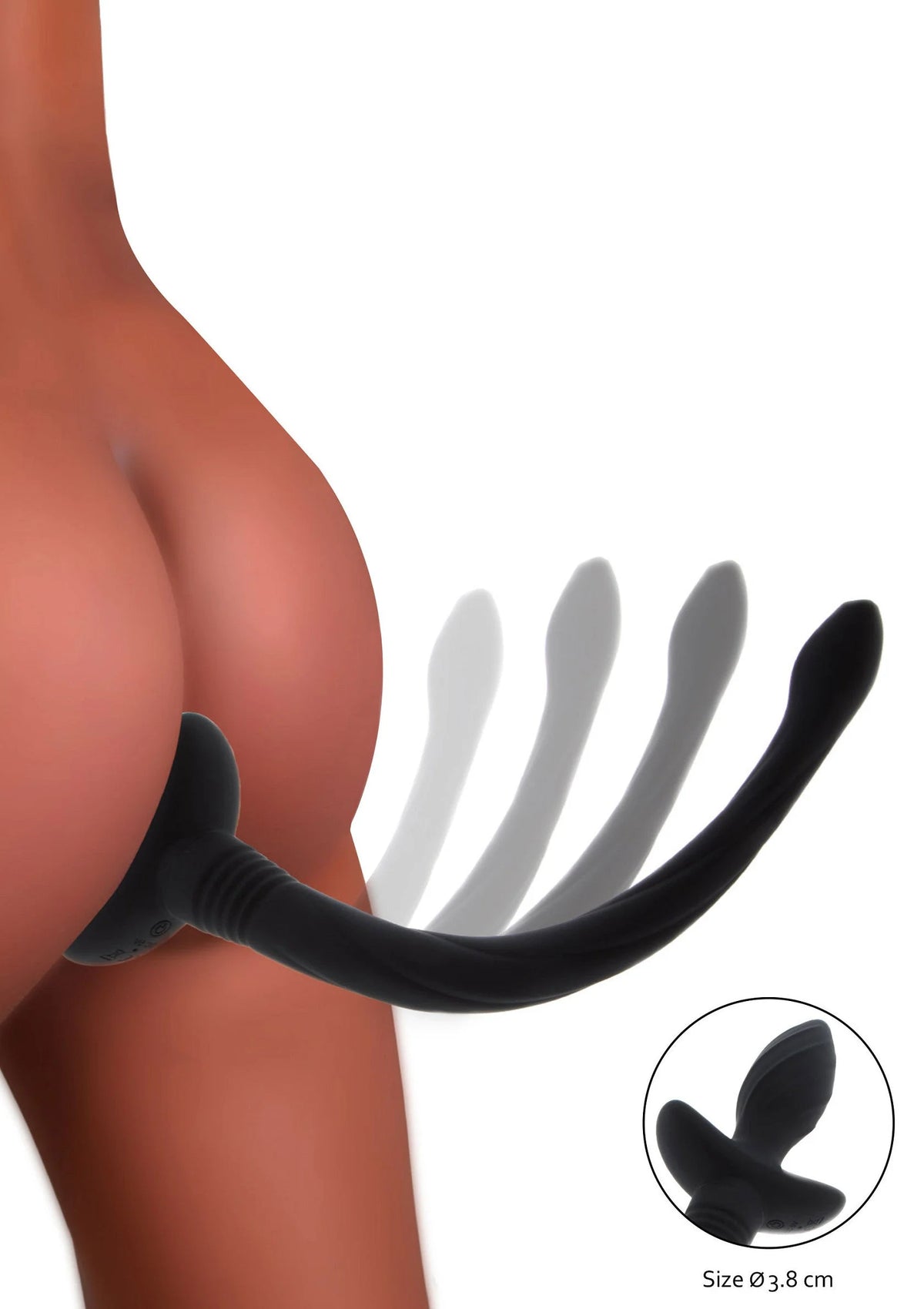Zwarte puppy wiebeltstaart met ribbels en afgeronde uiteinde, maatindicatie 3,8 cm