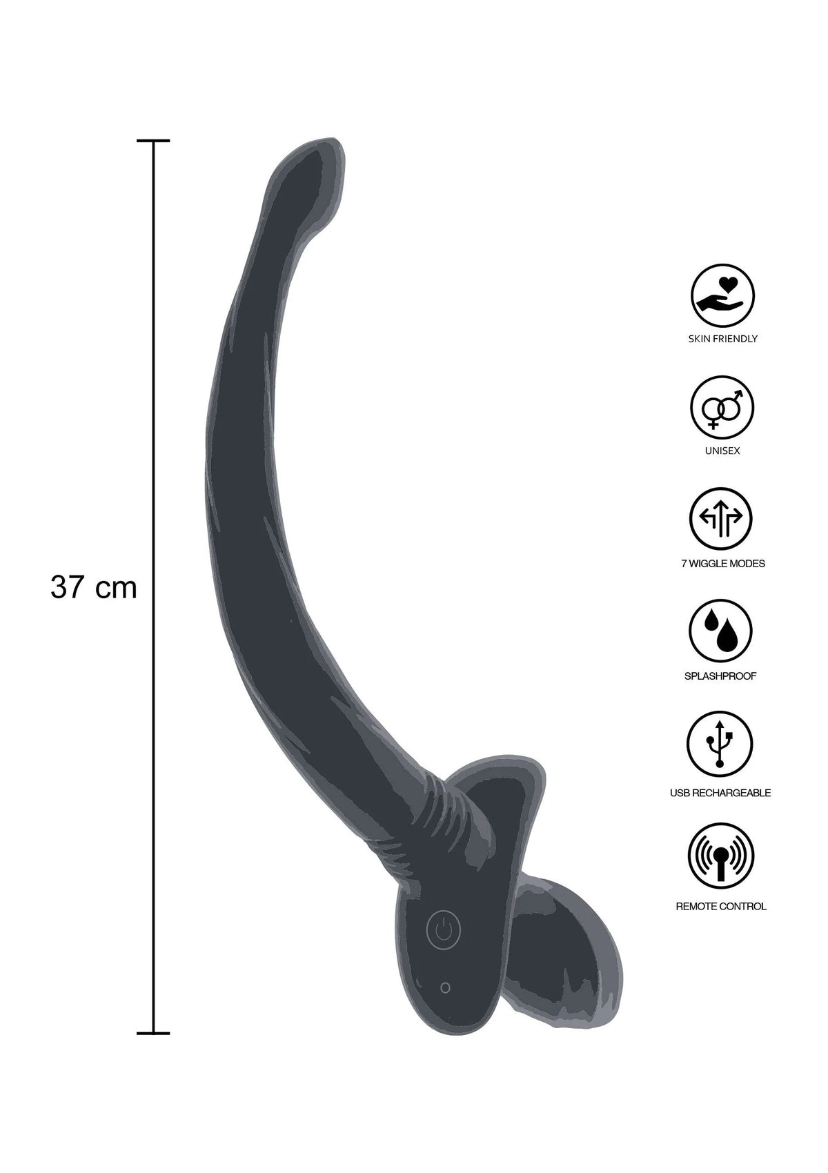 Zwarte puppy wiebeltstaart met gebogen vorm en ronde knoop, afmeting 37 cm