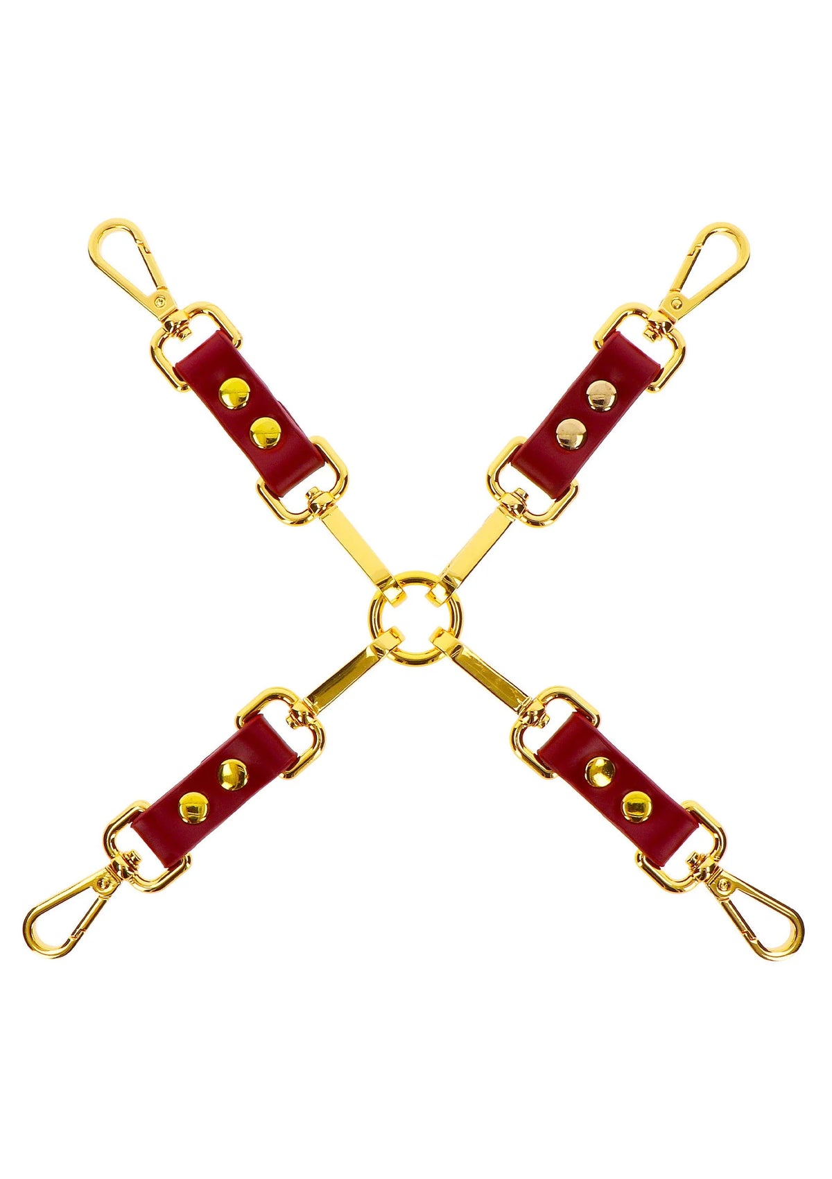 Hogtie-bondageset: rode bandjes met gouden ringen, gespen en karabijnsluiting