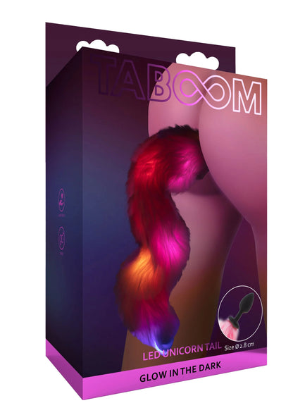 Taboom productverpakking: LED eenhoornstaart met zwarte buttplug en glow-in-the-dark label