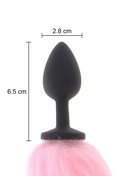 Roze pluizige eenhoornstaart met zwarte buttplug, maataanduiding 2,8 cm en 6,5 cm