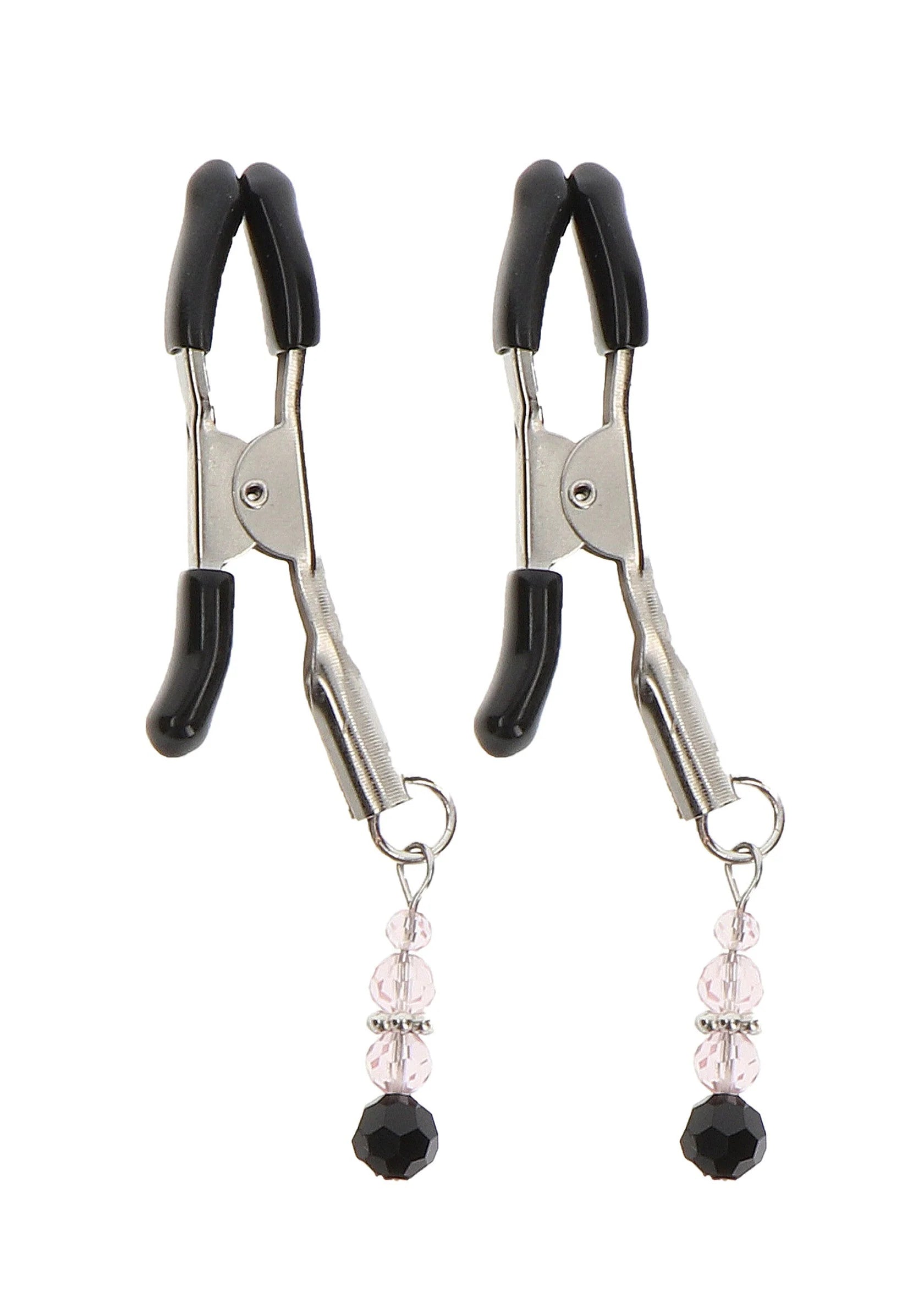 Twee tepelclips met kralen, zwarte klemmen en roze plus zwarte hangers