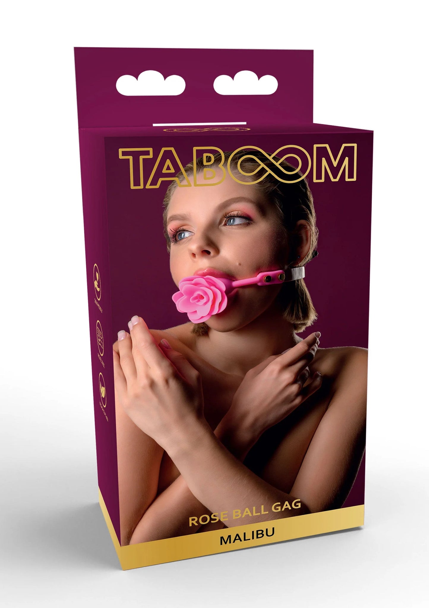 Roze Taboom ball gag met roosvormig mondstuk en riem, in geschenkverpakking