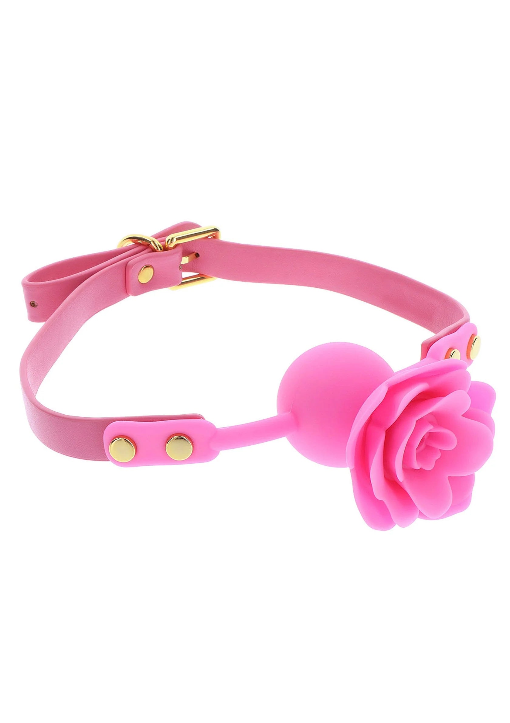 Roze ball gag met roosvormige mondbeschermer en verstelbare riem
