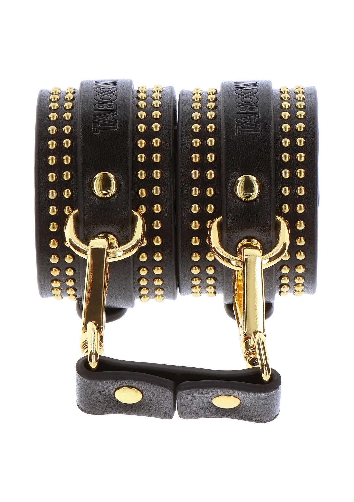 Zwarte studded enkelsboeien met gouden studs en twee gespsluitingen
